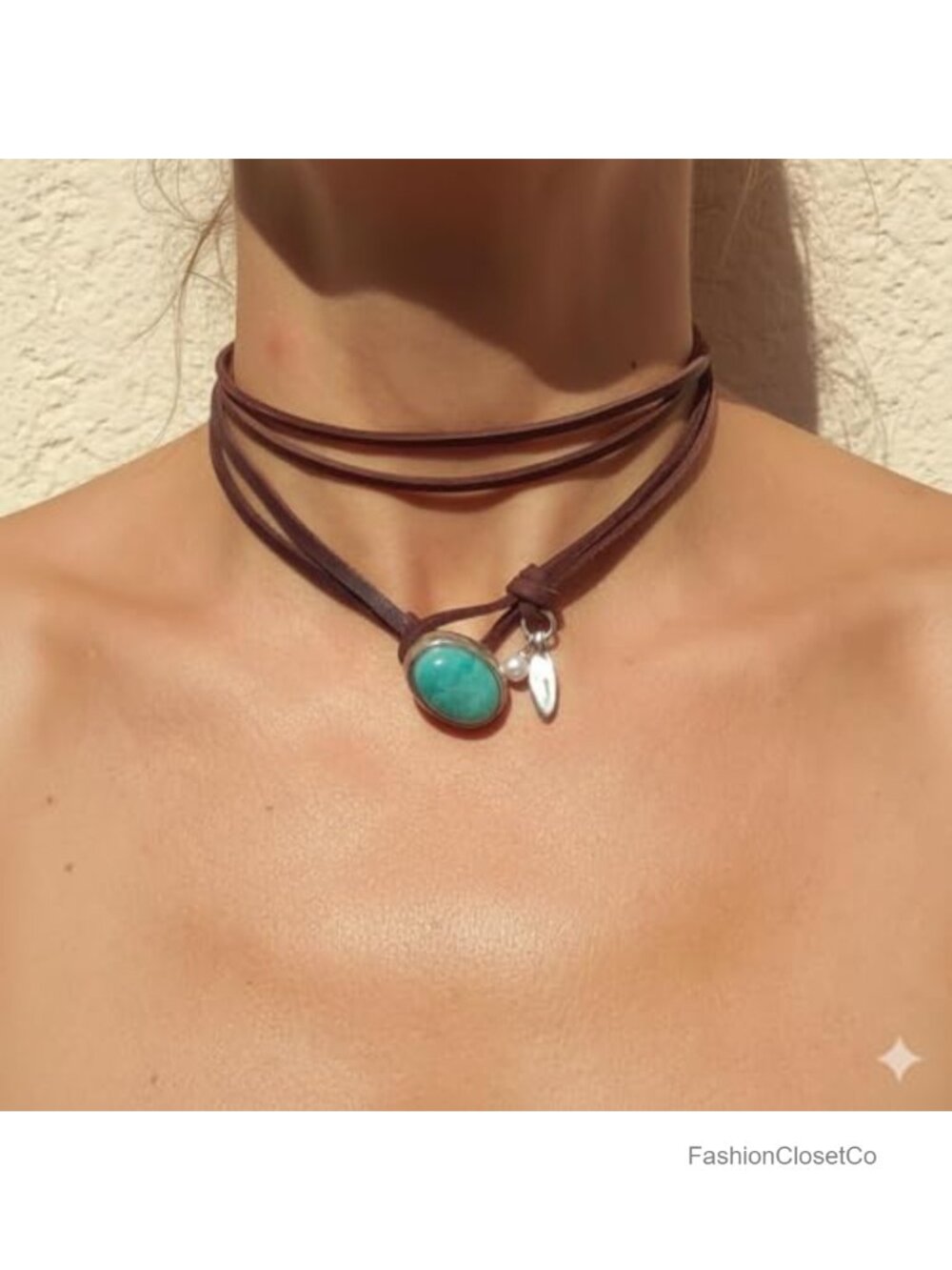Layered Leather Choker Necklace with Turquoise Pendant for Women - Picture 3 of 3